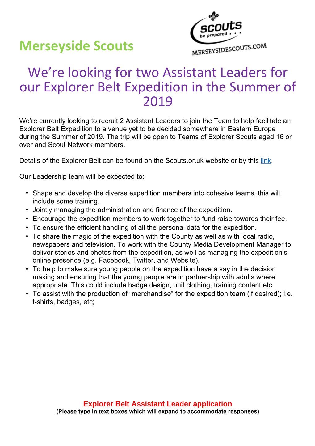 We Re Looking for Two Assistant Leaders for Our Explorer Belt Expedition in the Summer of 2019