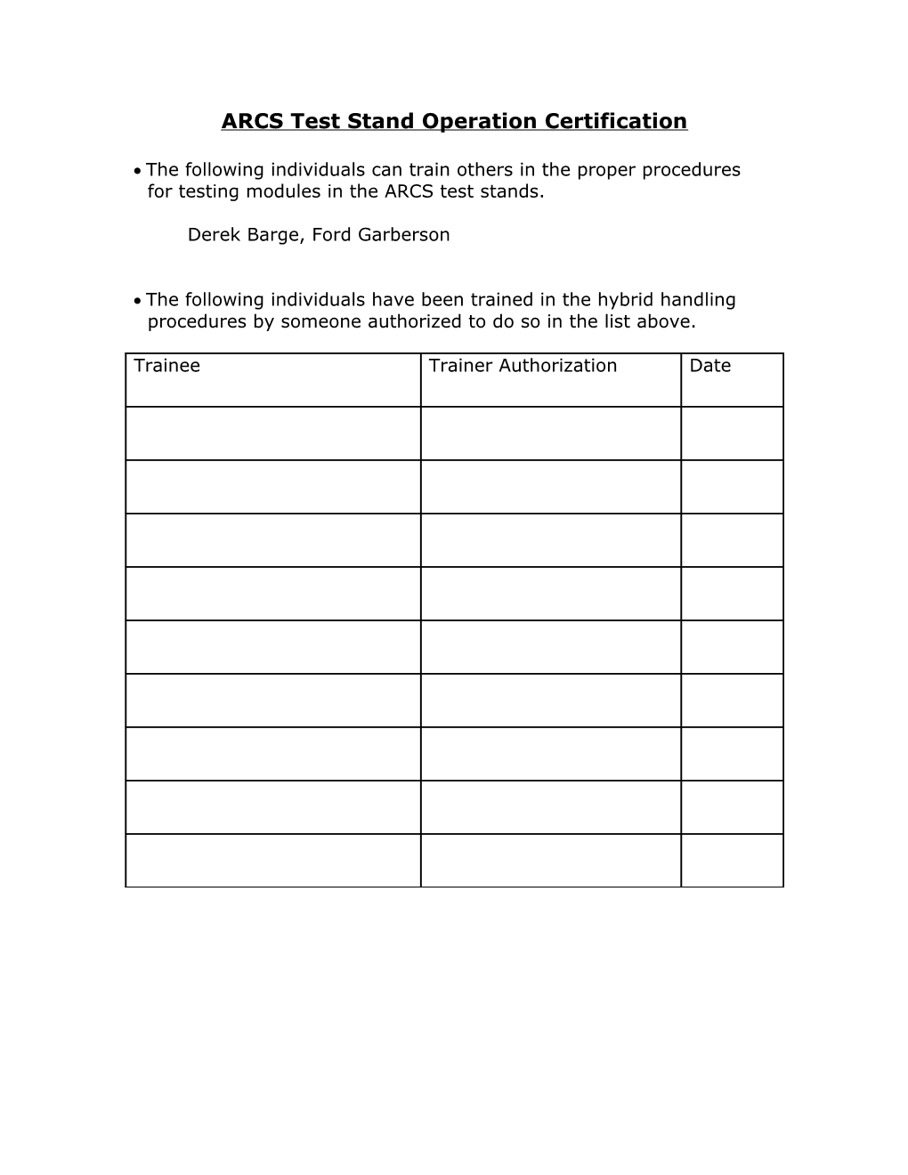 Instructions for Use of Test Stands