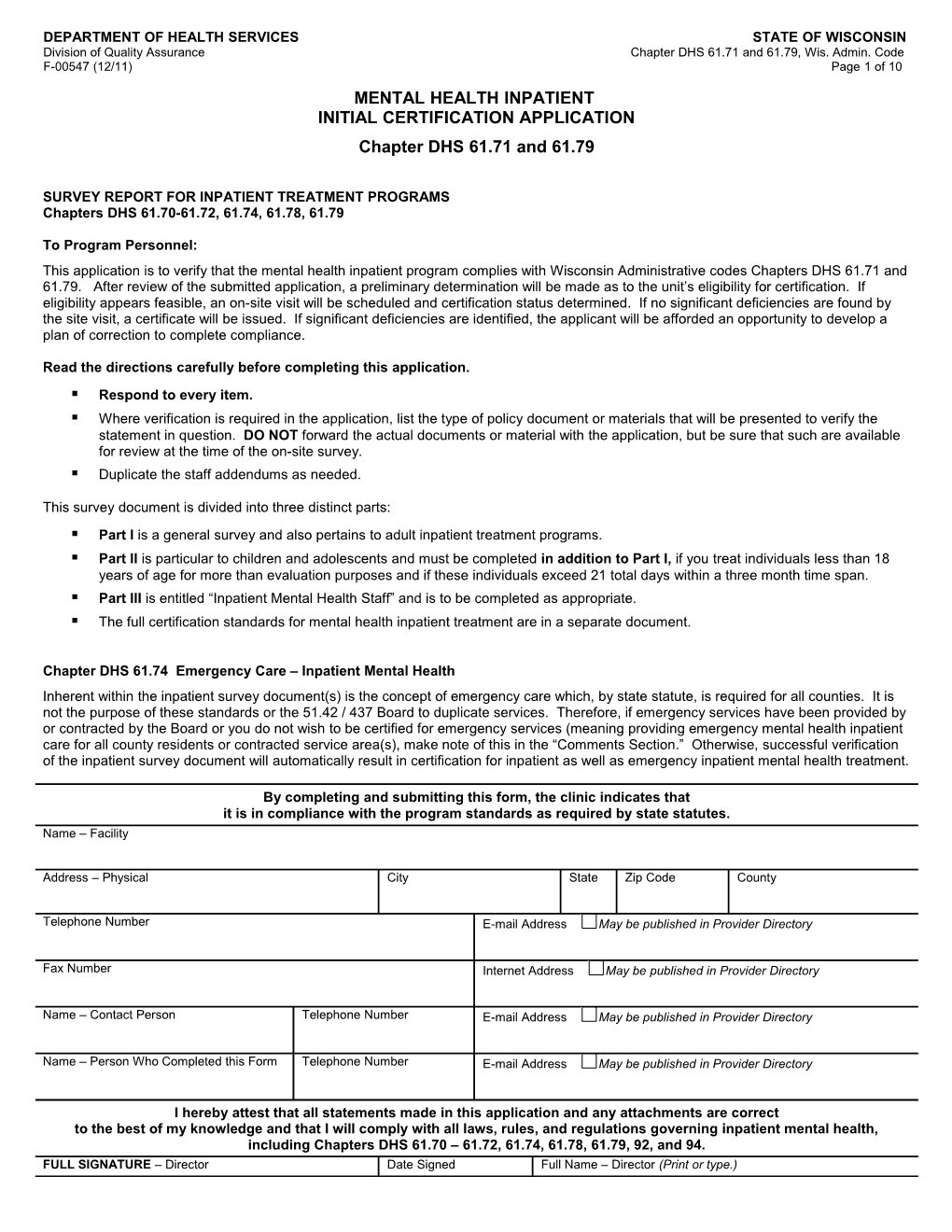 Mental Health Inpatient Initial Certification Application-DHS 61.71 & 61.79, F-00547