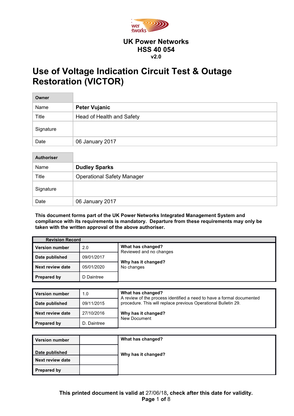 HSS 40 054 Use of Voltage Indication Circuit Test & Outage Restoration (VICTOR)