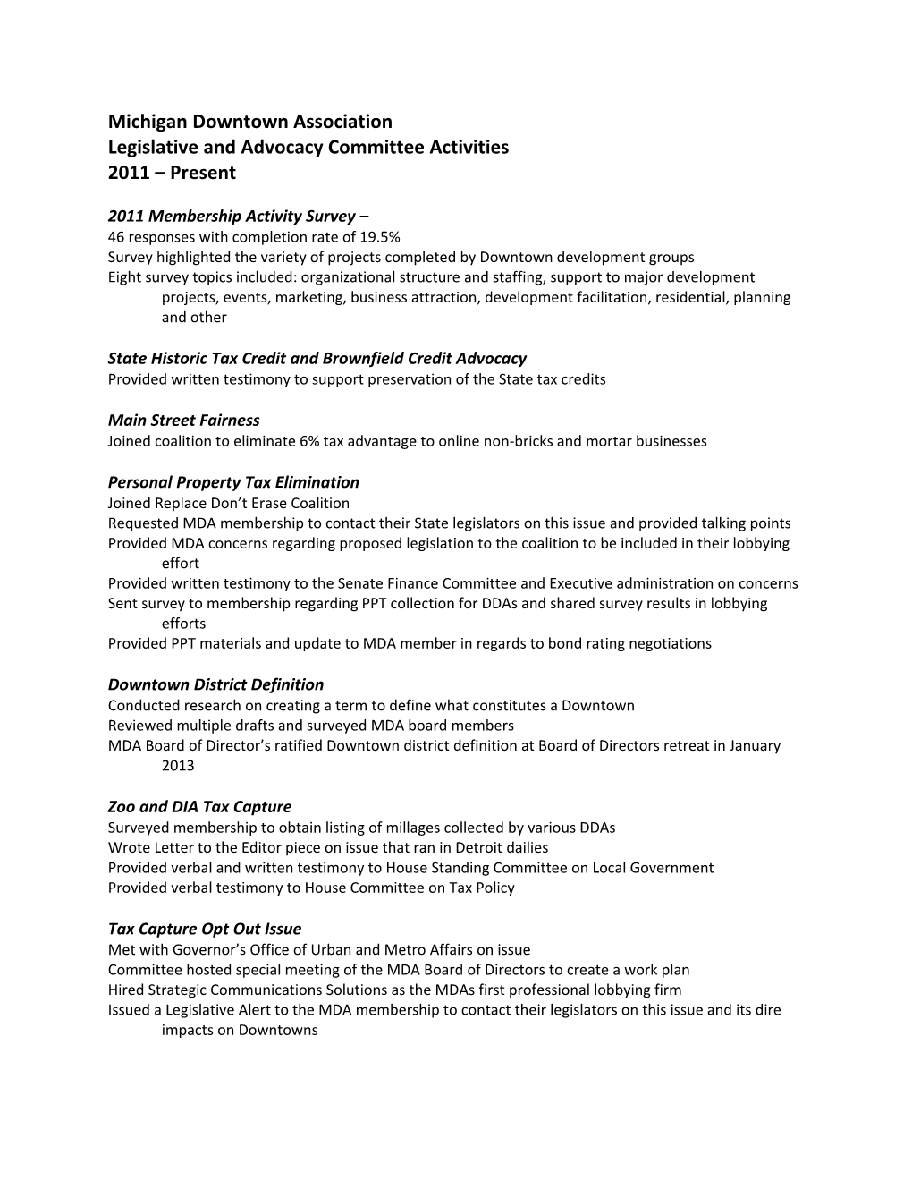 Legislative and Advocacy Committee Activities