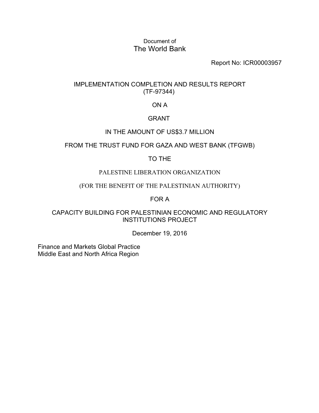 West Bank and Gaza - Capacity-Building for Palestinian Economic and Regulatory Institutions