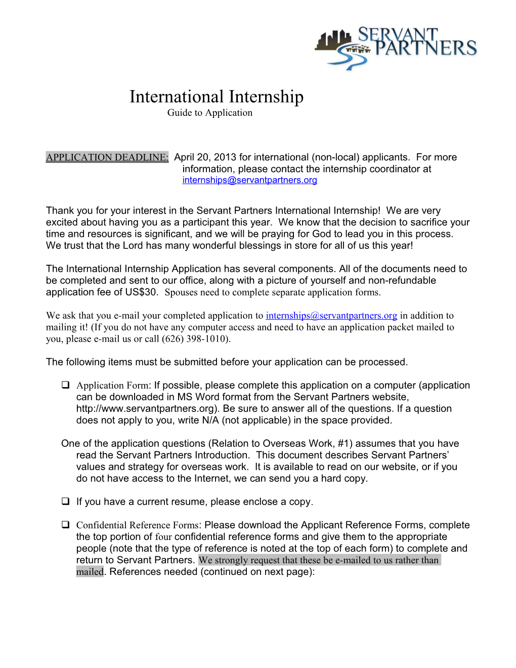 Servant Partners Bangkok Internship Application