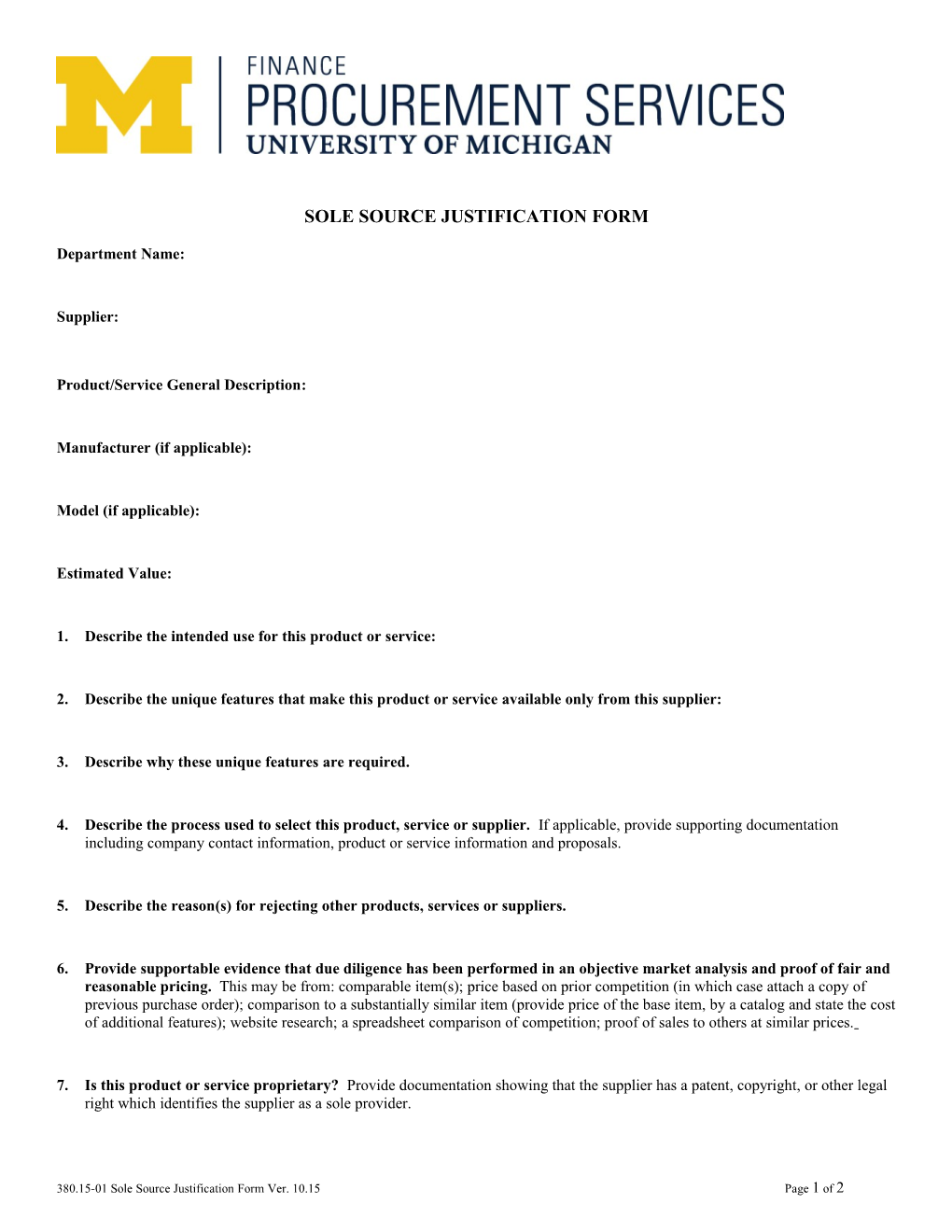380.15-01 Sole Source Justification Form