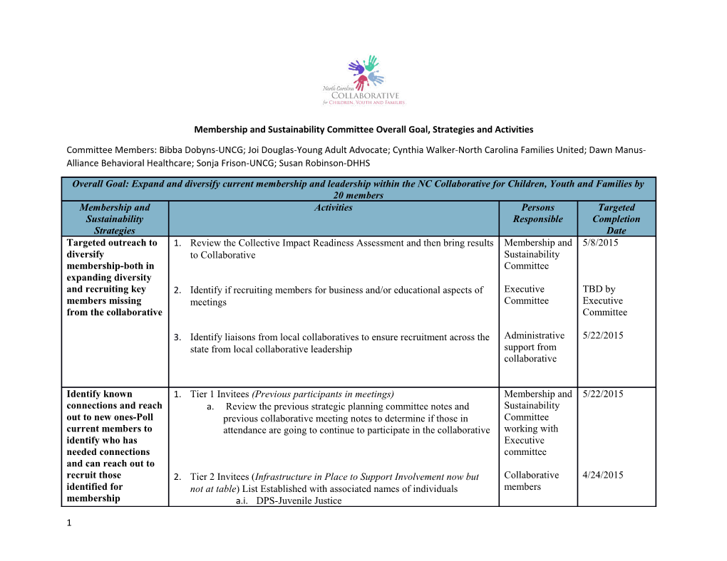 Membership and Sustainability Committee Overall Goal, Strategies and Activities