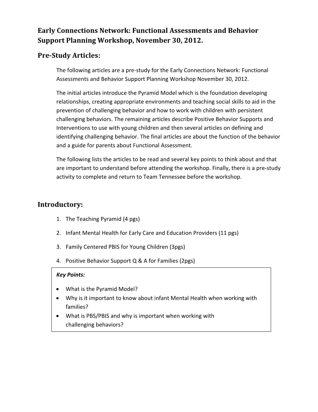 Early Connections Network: Functional Assessments and Behavior Support Planning Workshop