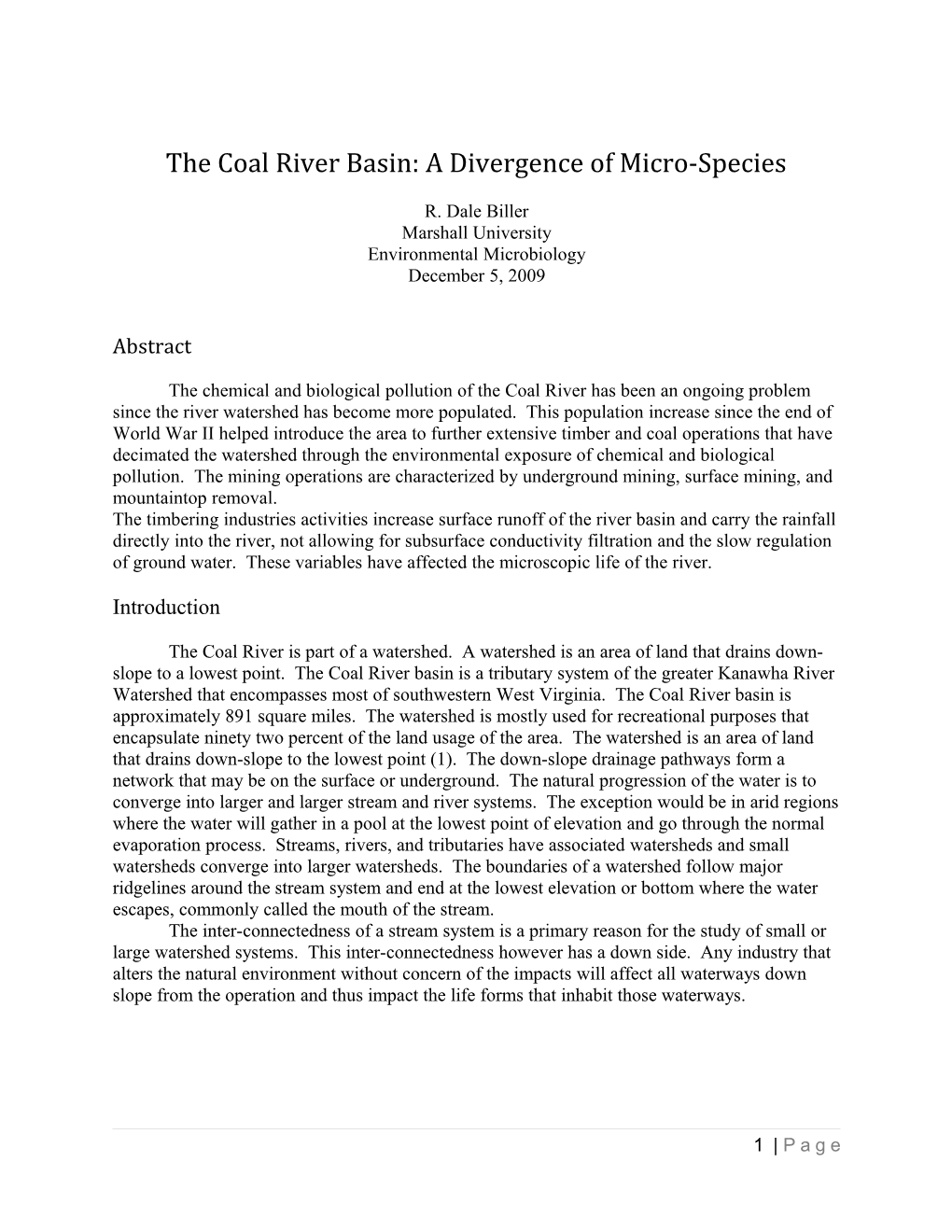 The Coal River Basin: a Divergence of Micro-Species