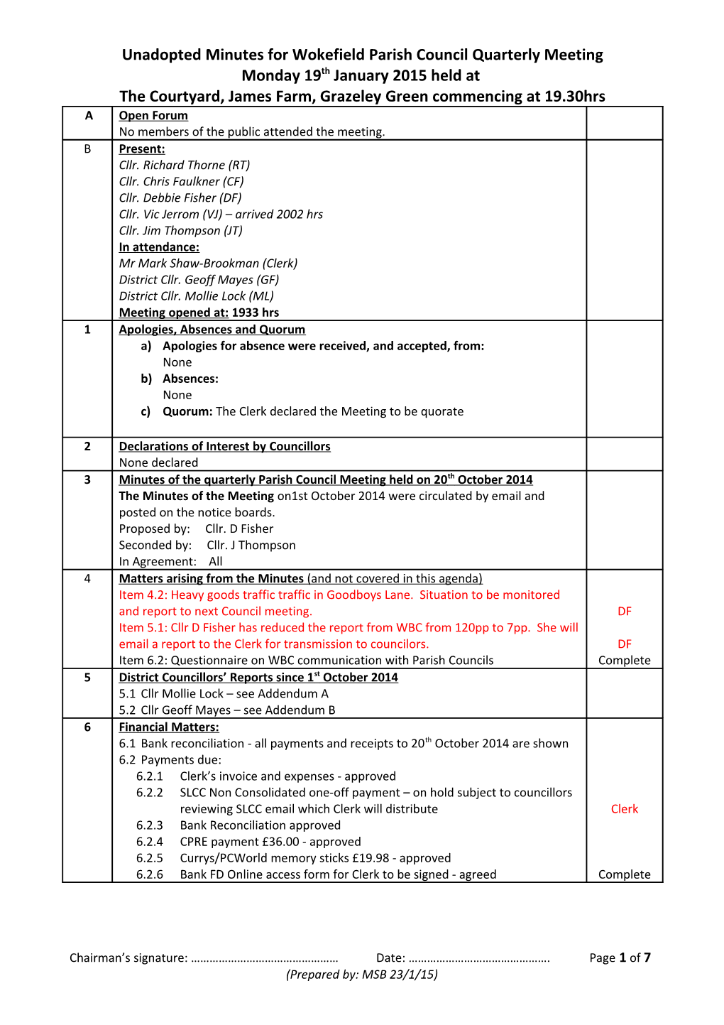 Unadopted Minutes for Wokefield Parish Council Quarterly Meeting