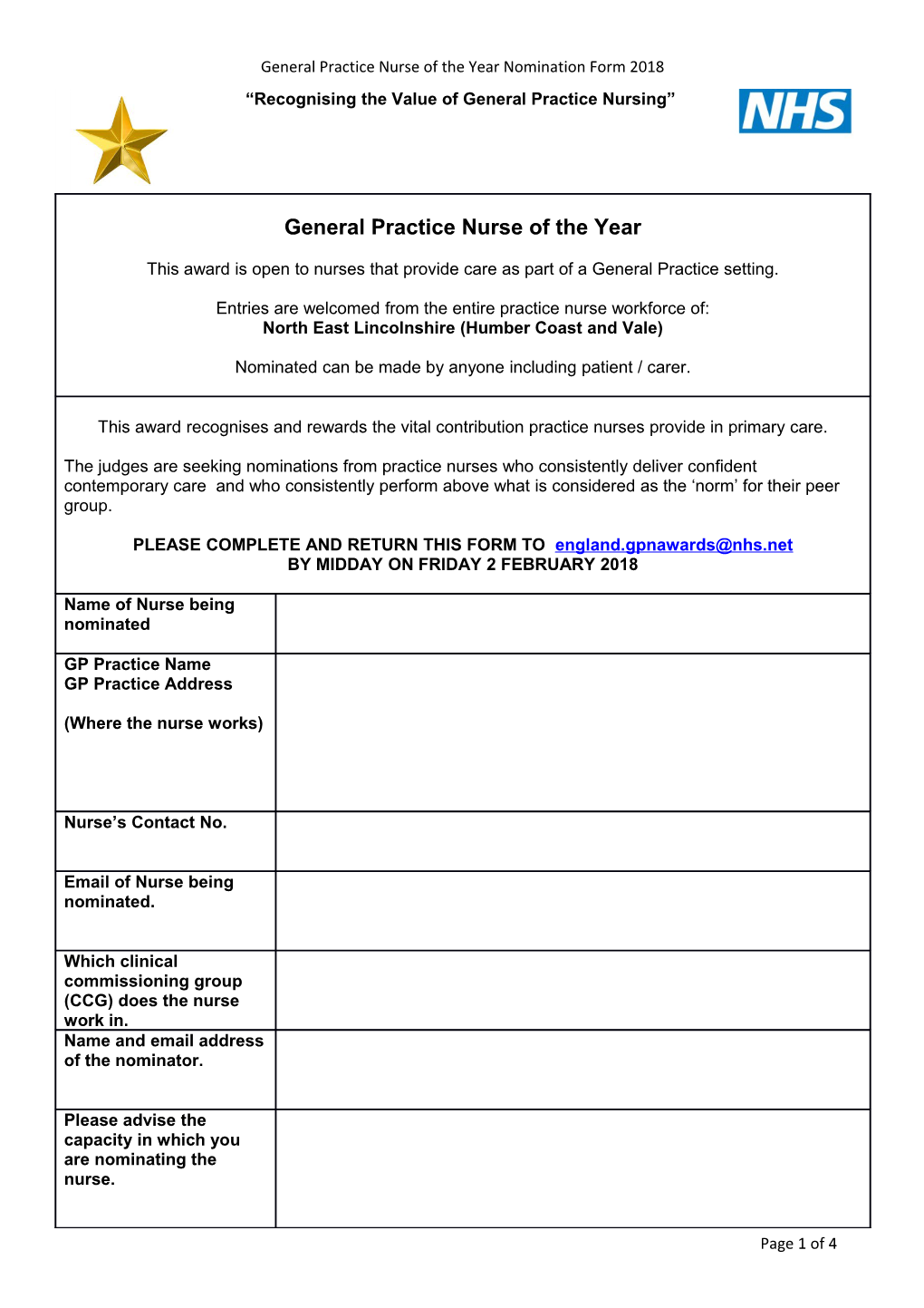 General Practice Nurse of the Year Nomination Form 2018