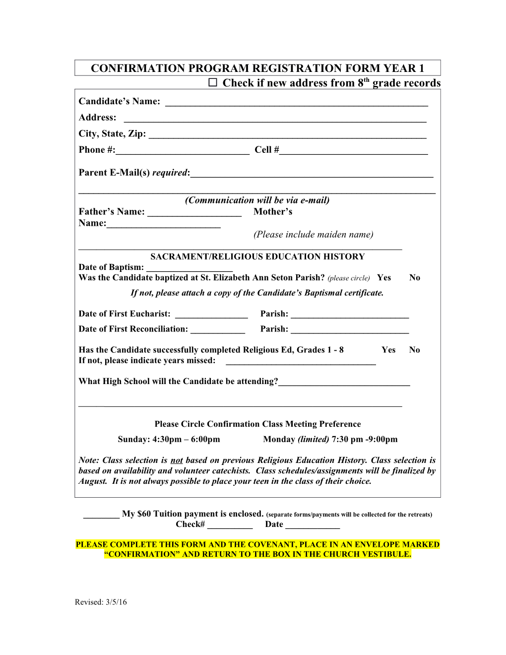 Confirmation Program Registration Form