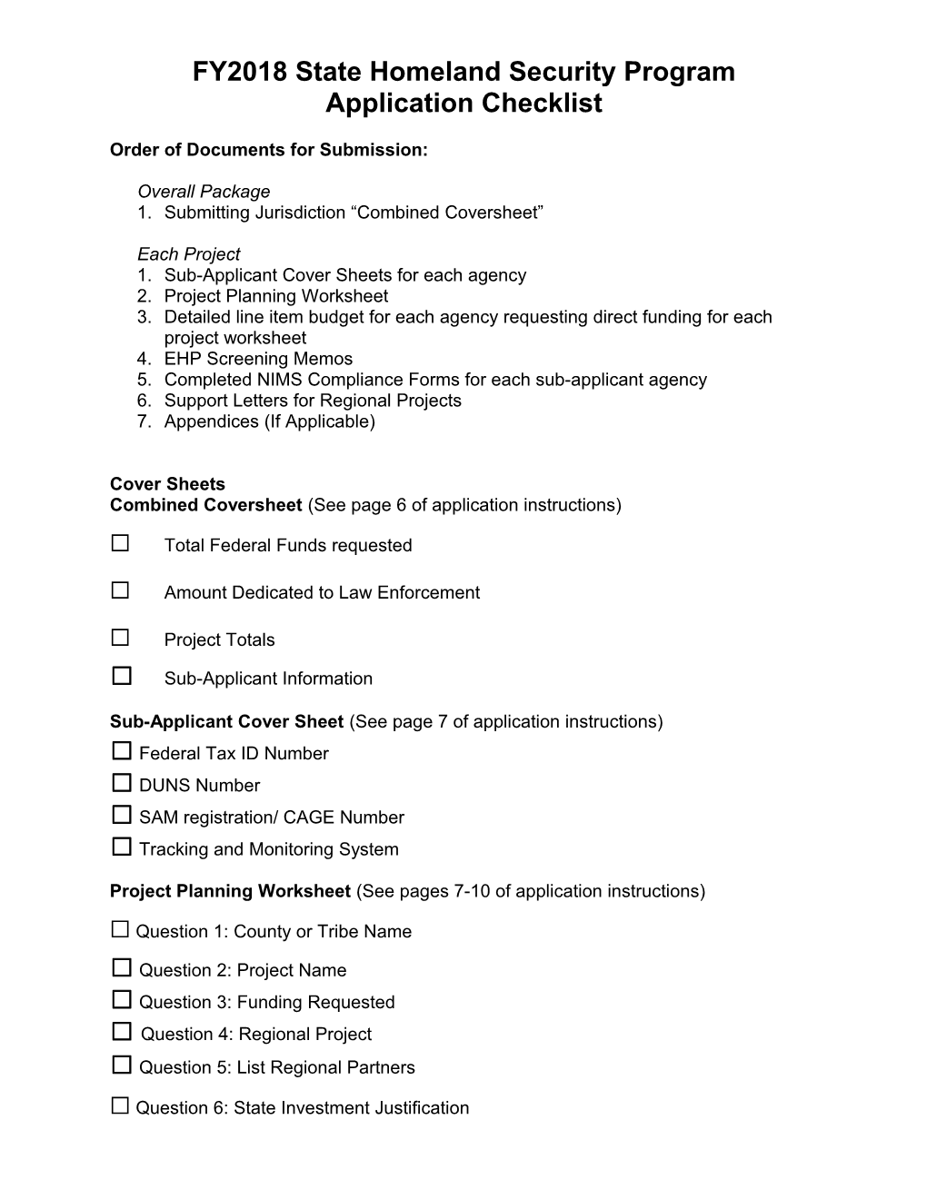 FY2018 SHSP Application Project Checklist
