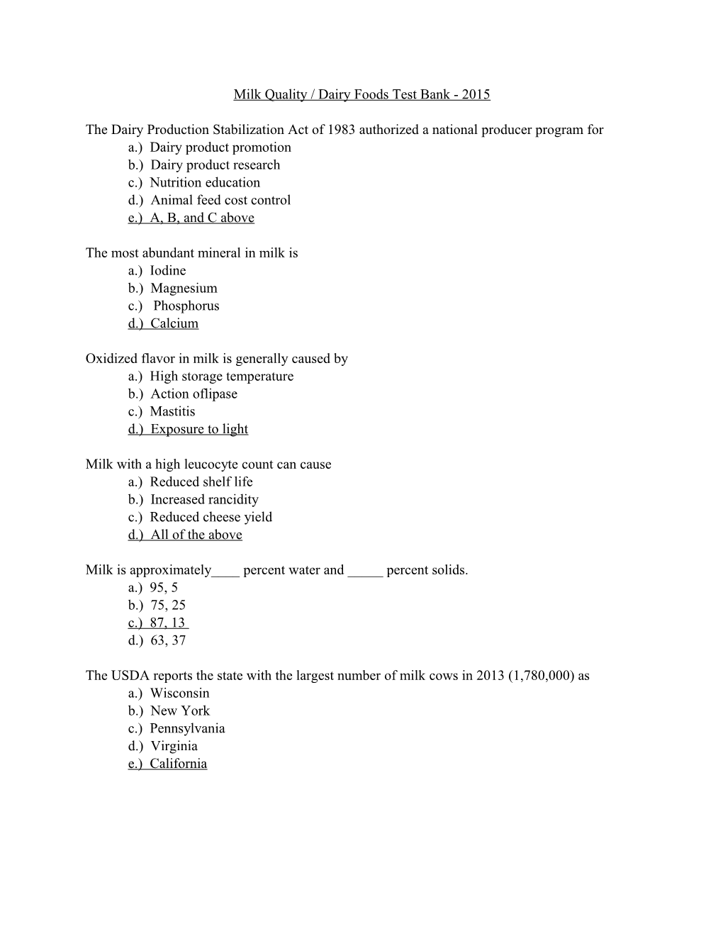 Milk Quality / Dairy Foods Test Bank - 2015