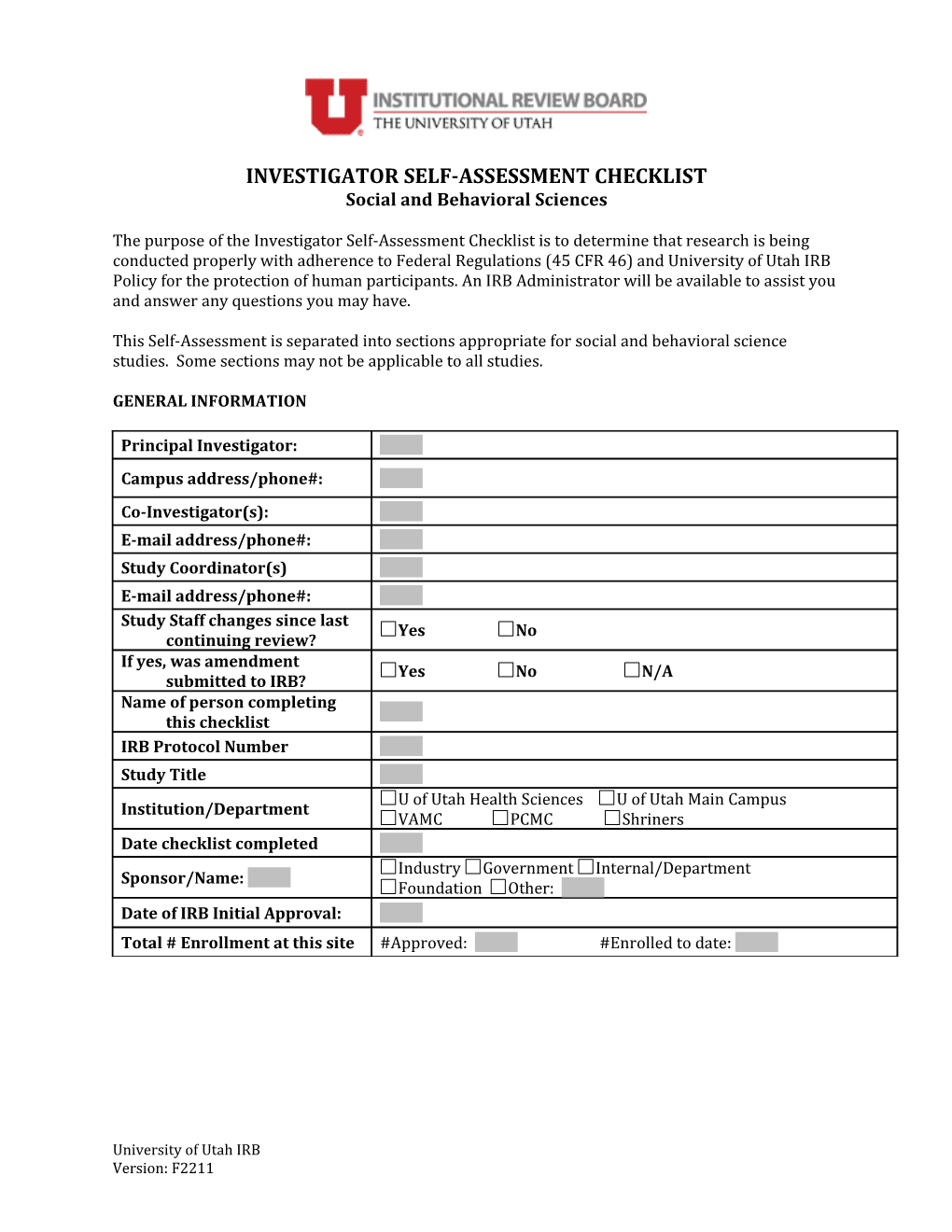 Investigator Self-Assessment Checklist