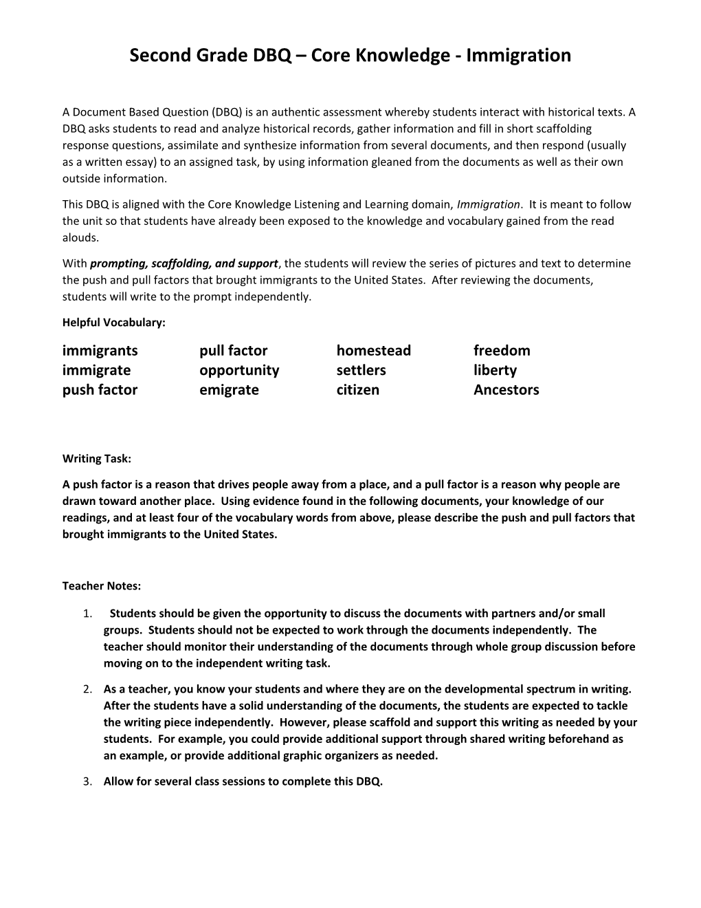 Second Grade DBQ Core Knowledge - Immigration