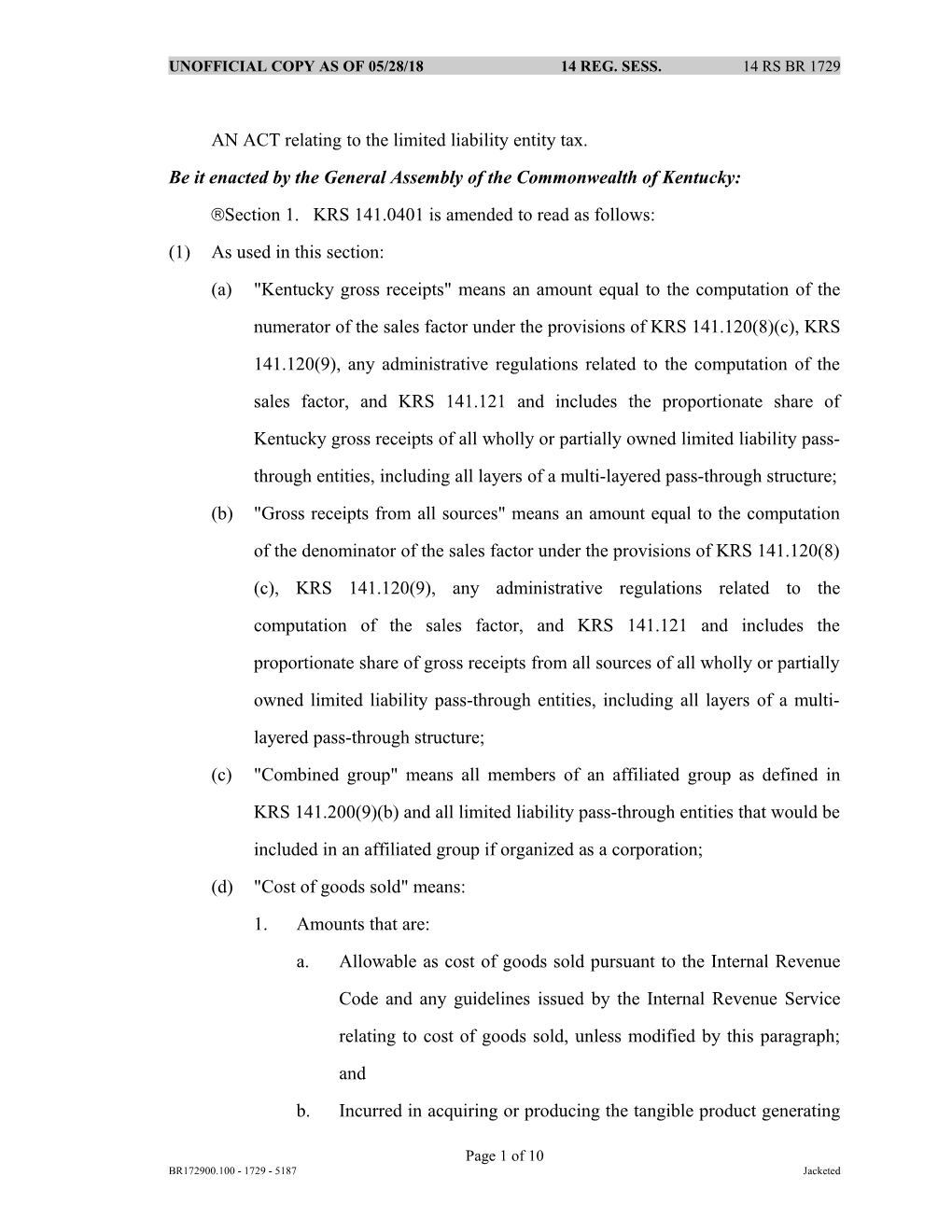 AN ACT Relating to the Limited Liability Entity Tax