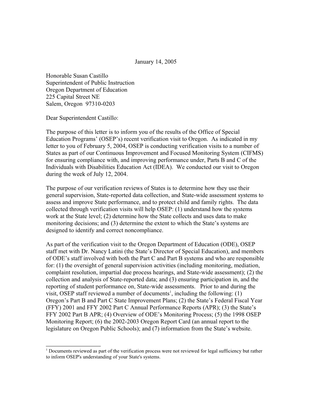 Oregon Part B Verification Visit Letter, Dated January 14, 2005 (MS Word)