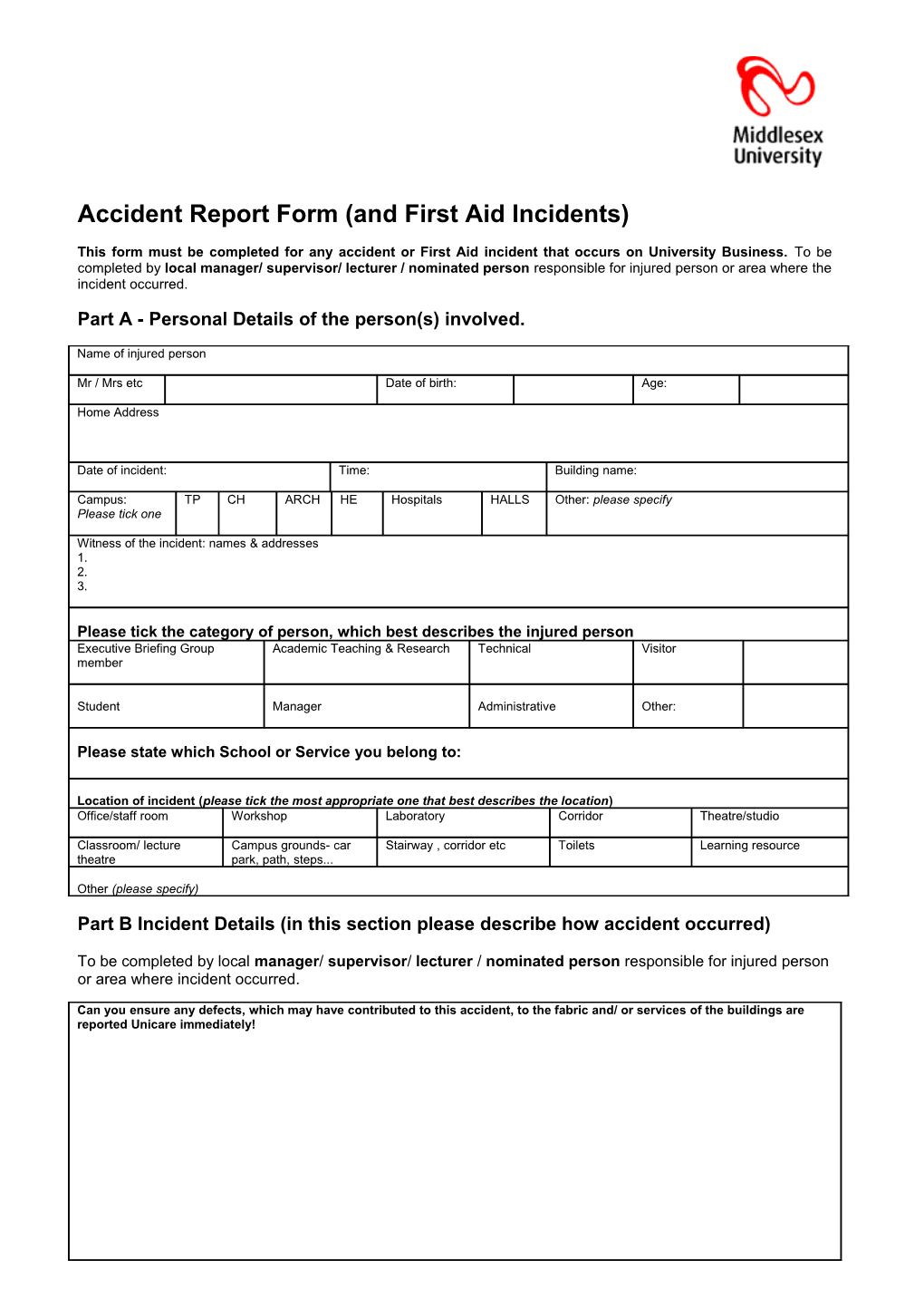 Accident Report Form (And First Aid Incidents)