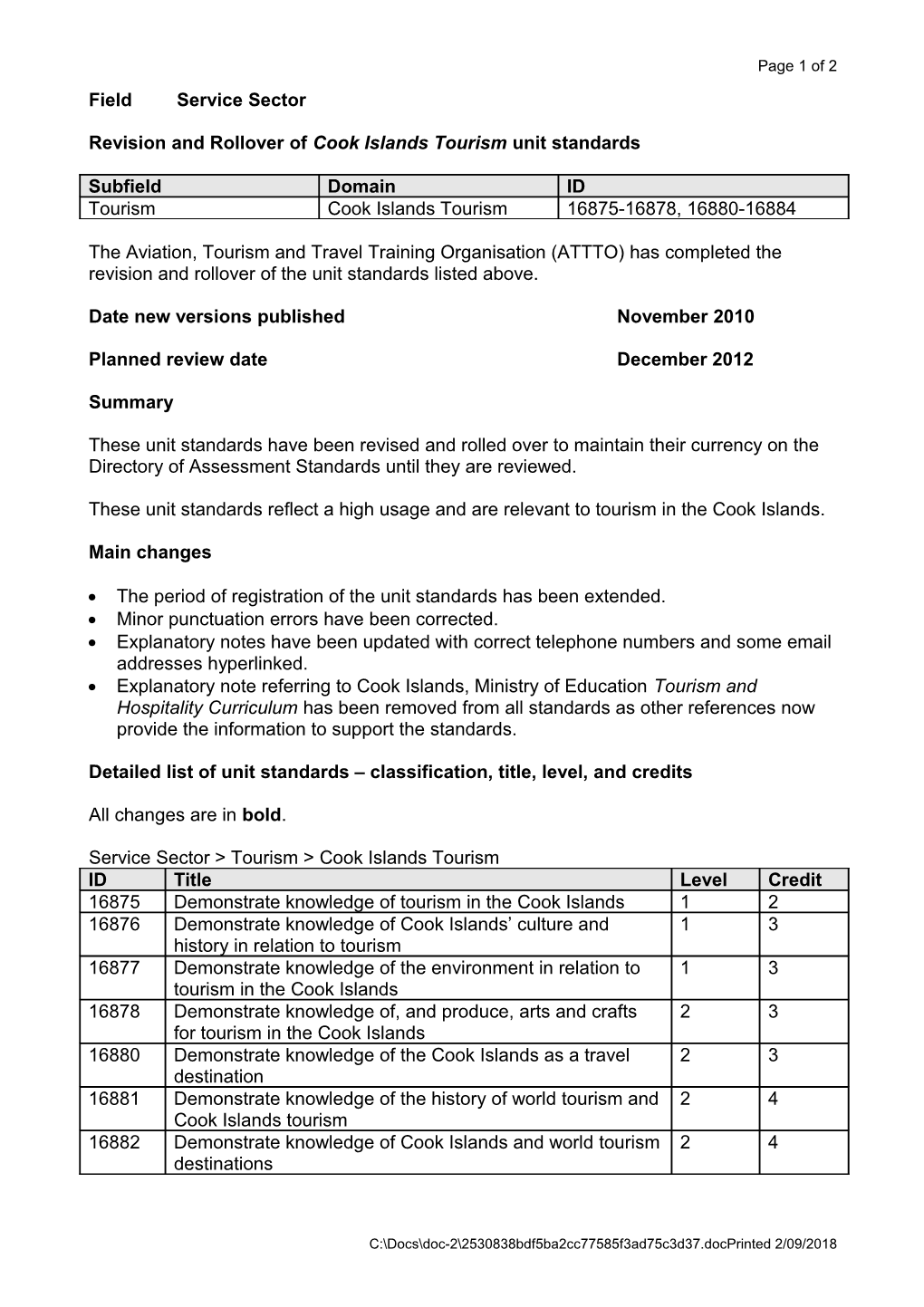 Revision and Rollover of Cook Islands Tourism Unit Standards