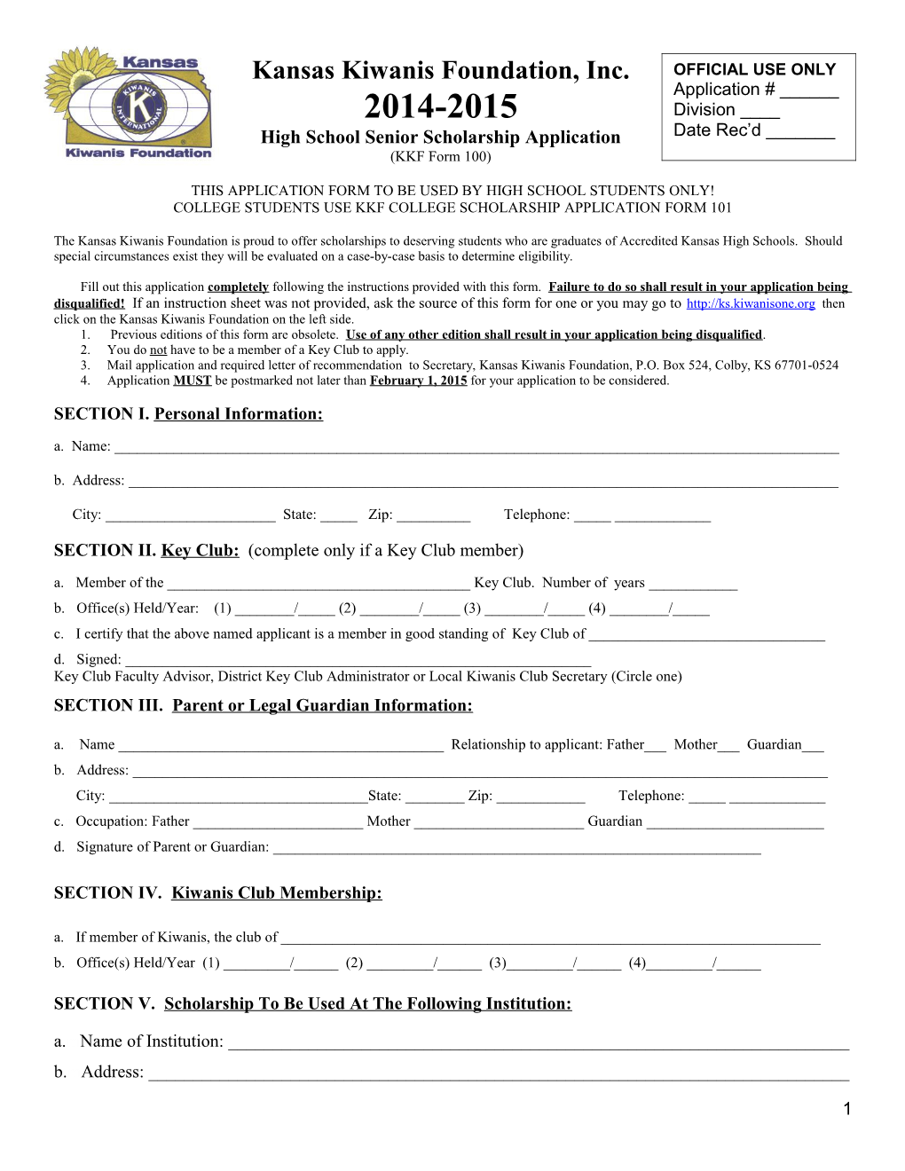 High School Senior Scholarship Application