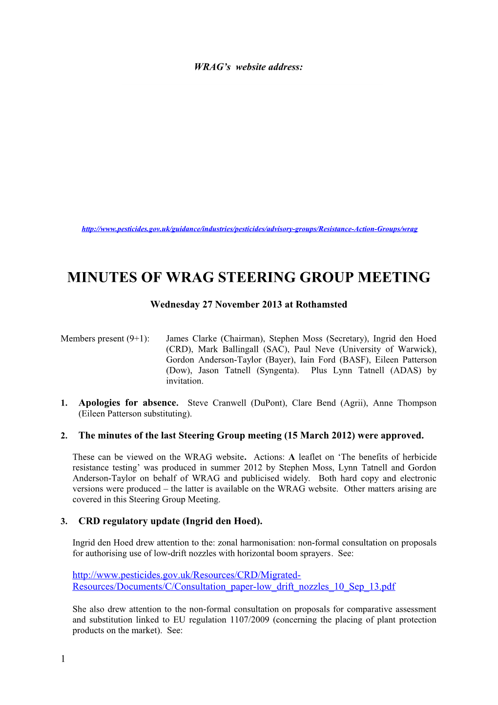 Minutes of Wrag Steering Group Meeting