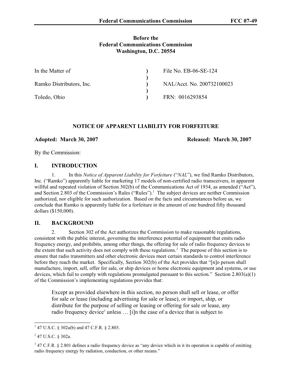 Federal Communications Commission FCC 07-49