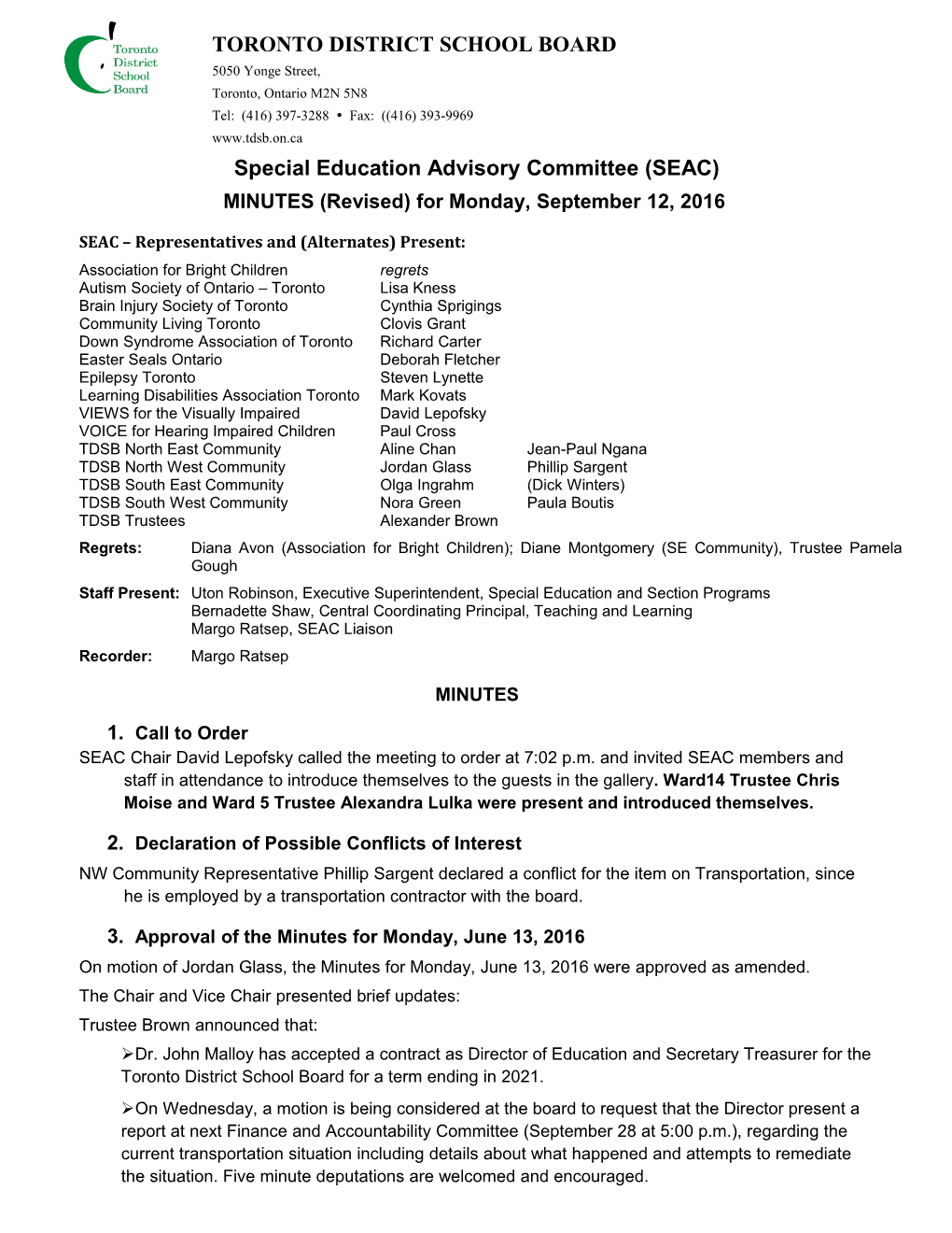 Special Education Advisory Committee (SEAC) TDSB Special Education Reform Draft Motions