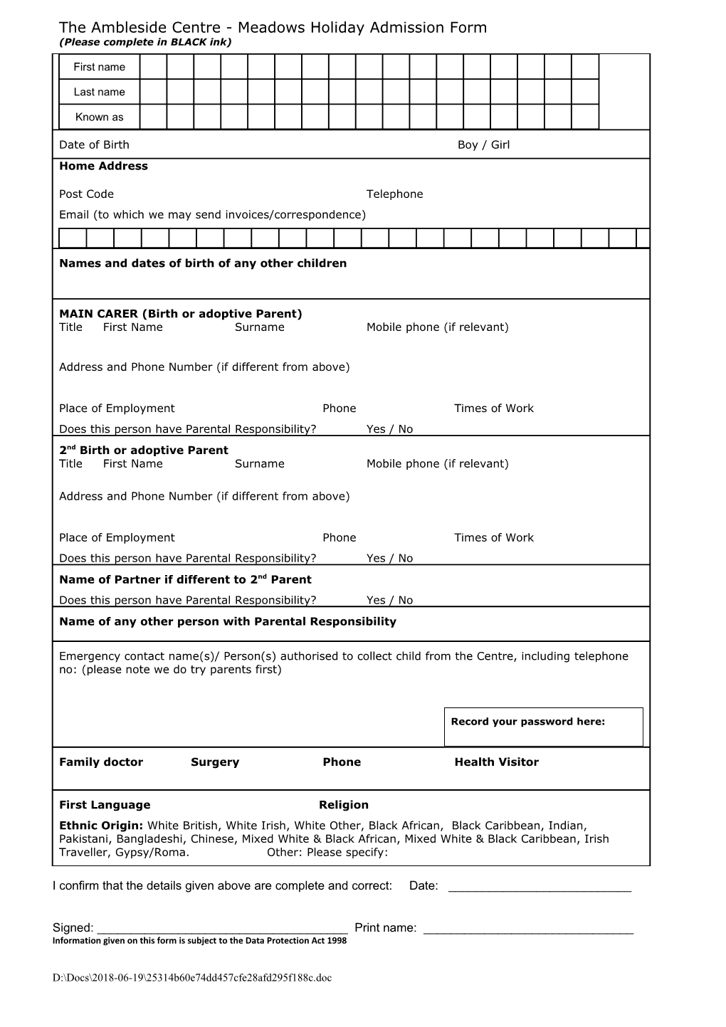 The Ambleside Centre - Meadows Holiday Admission Form