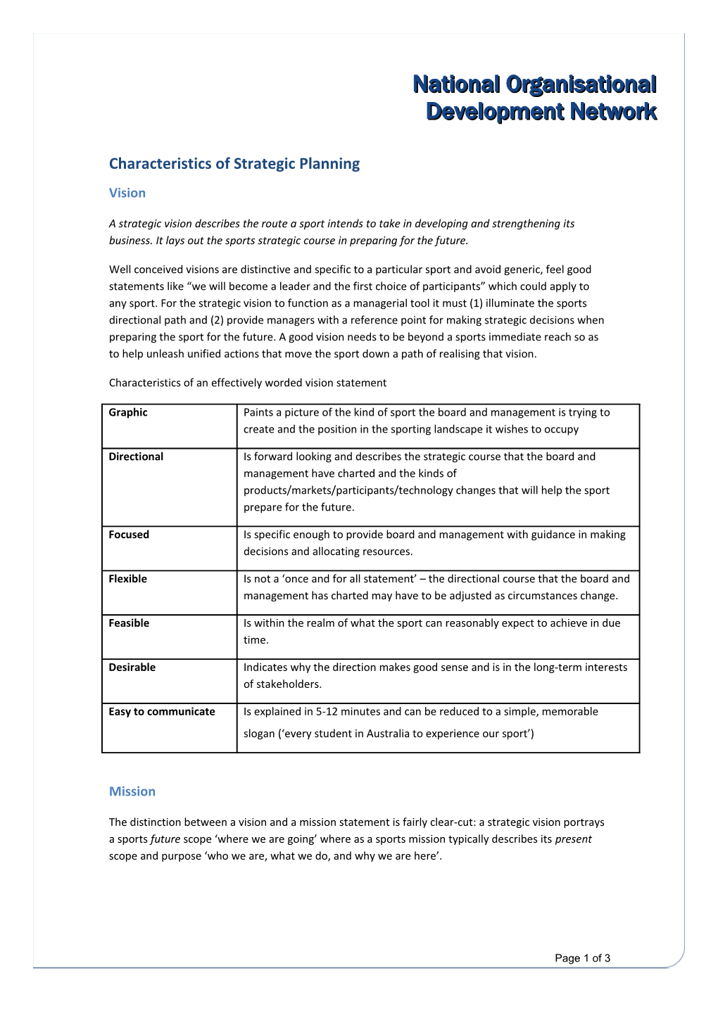 Characteristics of Strategic Planning