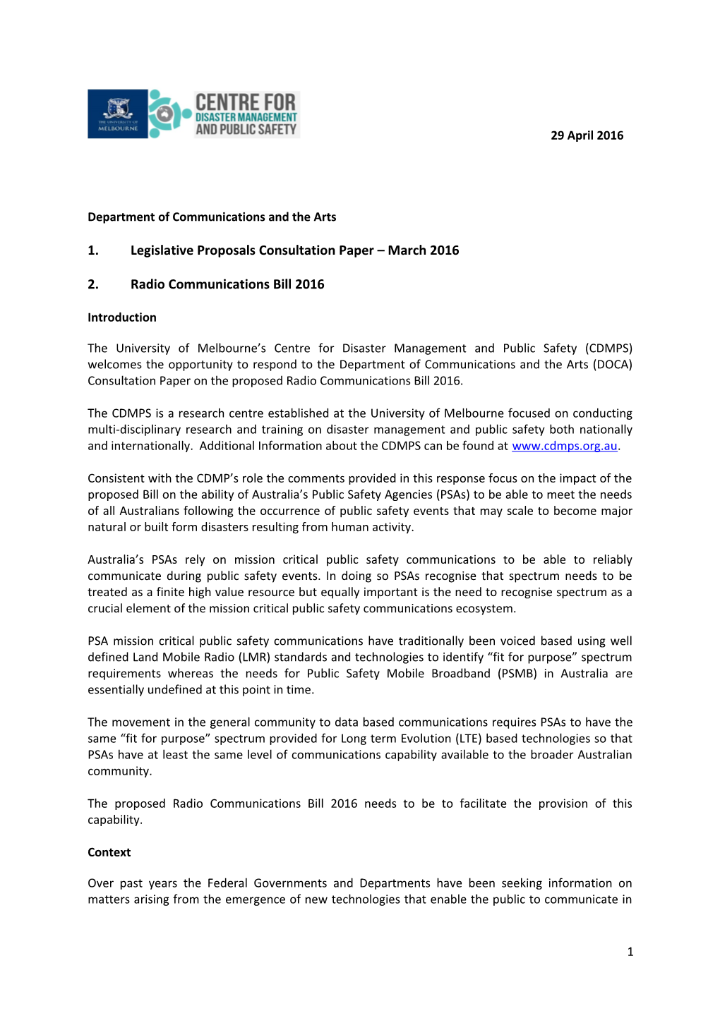 Legislative Proposals Consultation Paper March 2016 Radio Communications Bill 2016