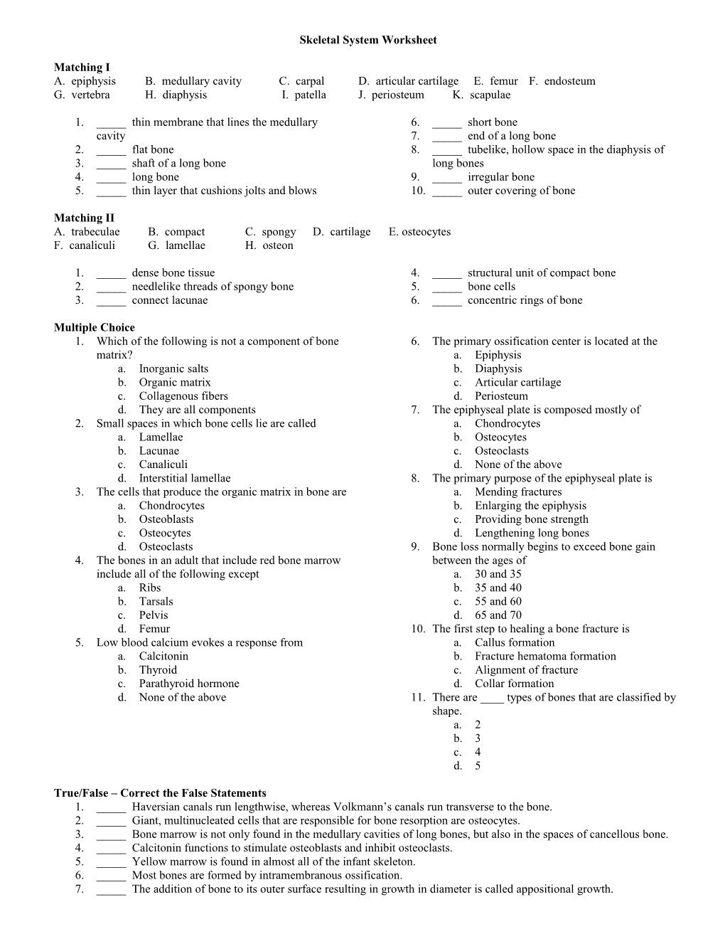 Skeletal System Worksheet