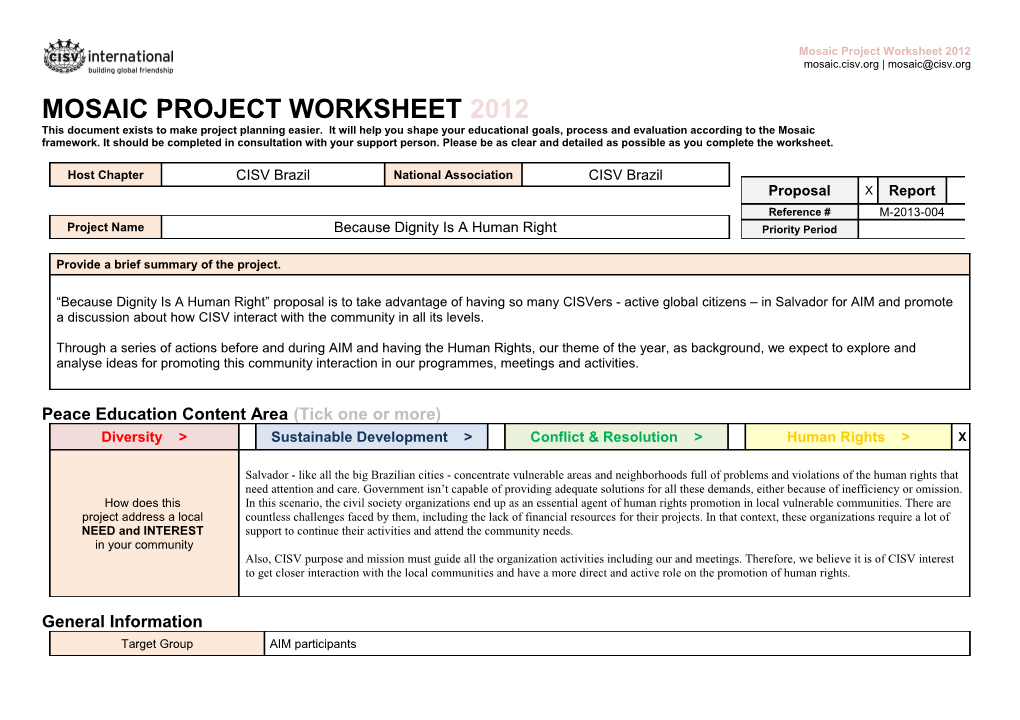 Mosaic Project Proposal and Report Form