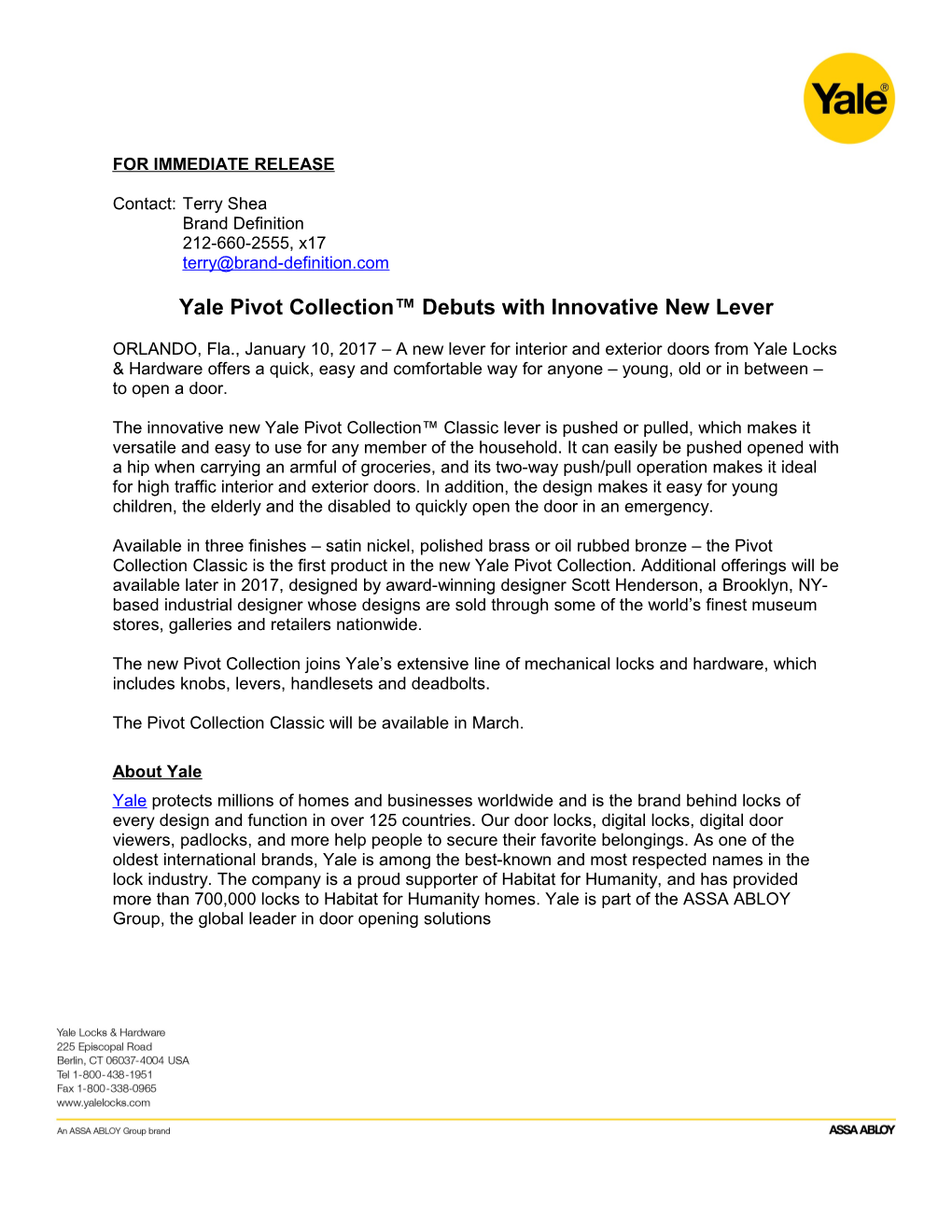 Yale Pivot Collection Debuts with Innovative New Lever