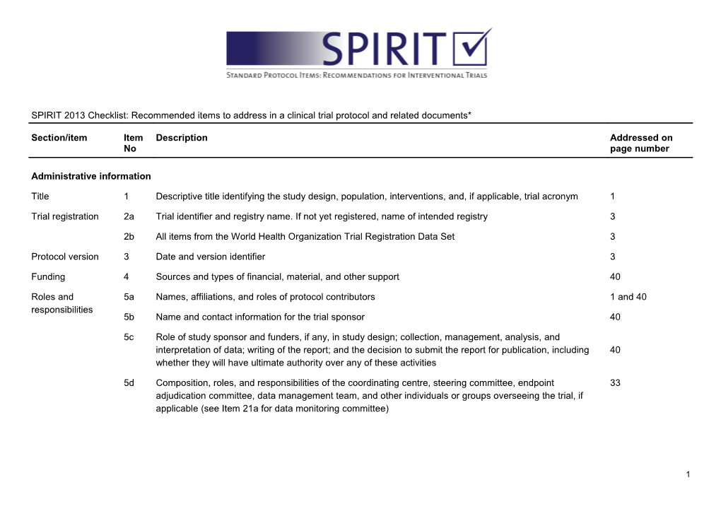 Table 1 SPIRIT 2013 Checklist: Recommended Items to Address in a Clinical Trial Protocol s6