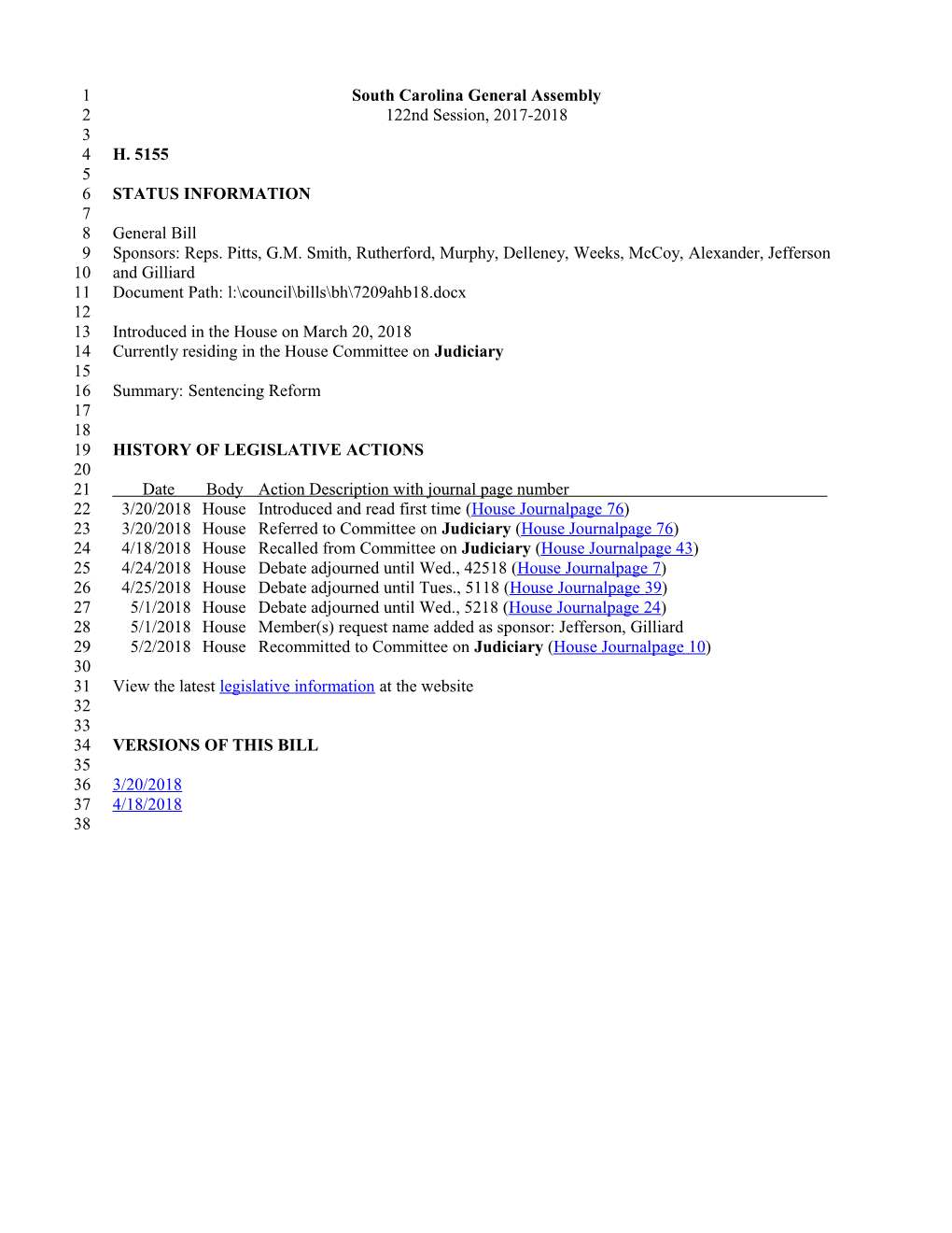 2017-2018 Bill 5155: Sentencing Reform - South Carolina Legislature Online