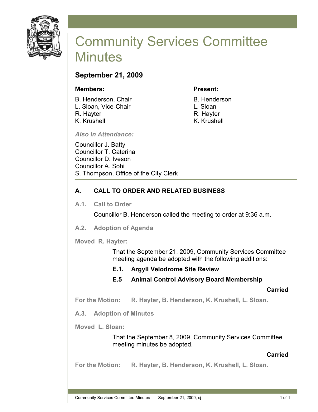 Minutes for Community Services Committee September 21, 2009 Meeting