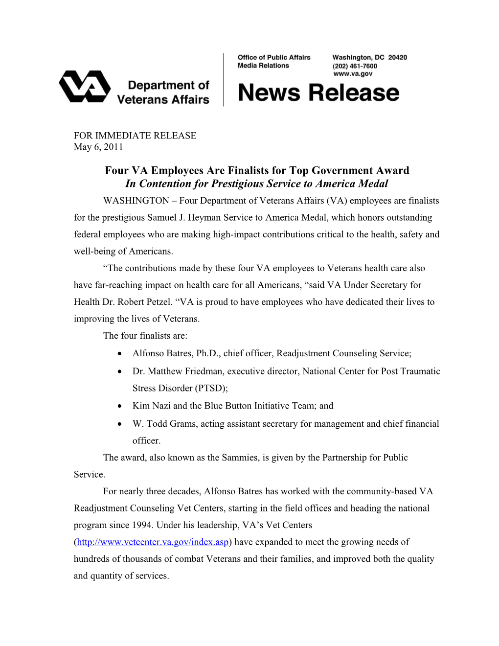 Four VA Employees Are Finalists for Top Government Award