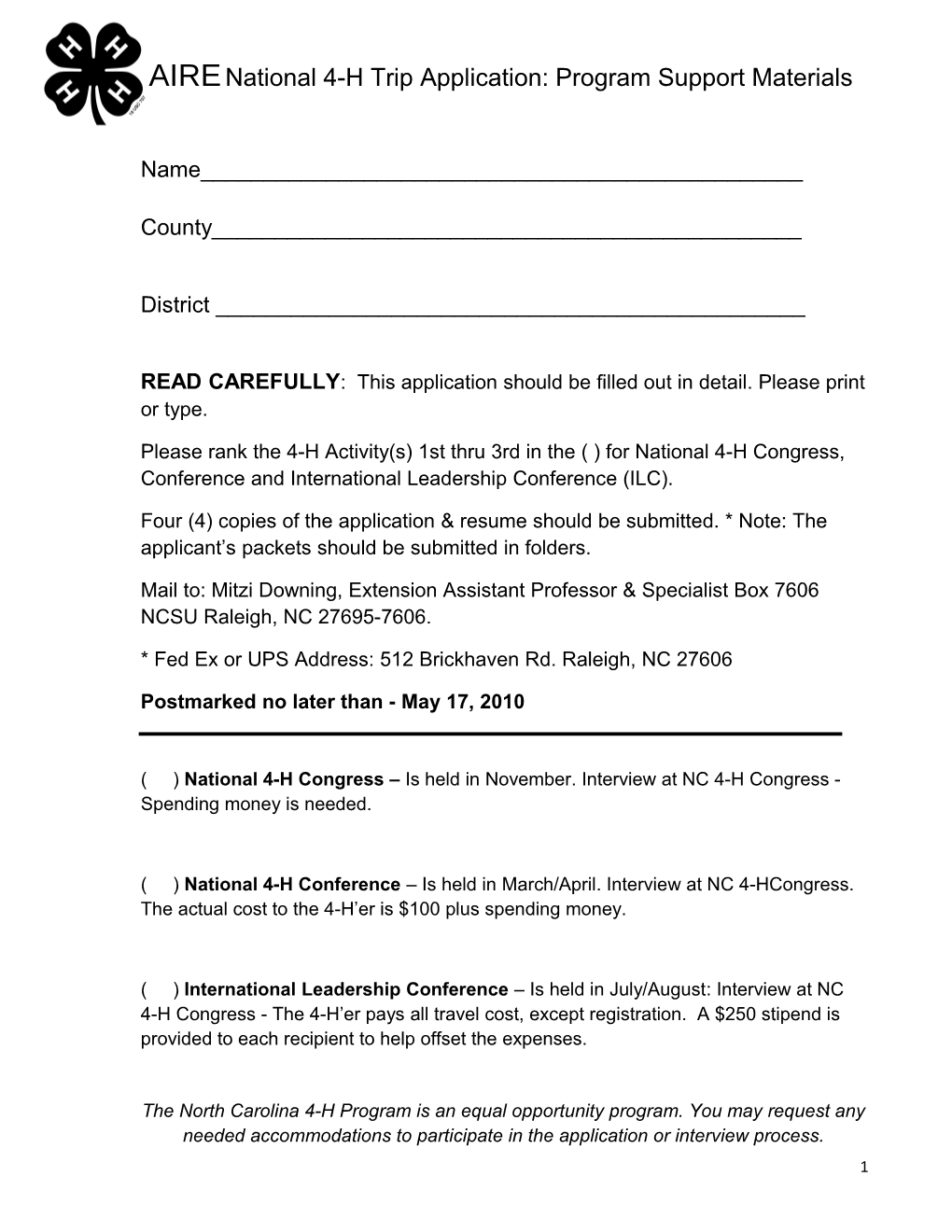 AIRE National 4-H Trip Application: Program Support Materials