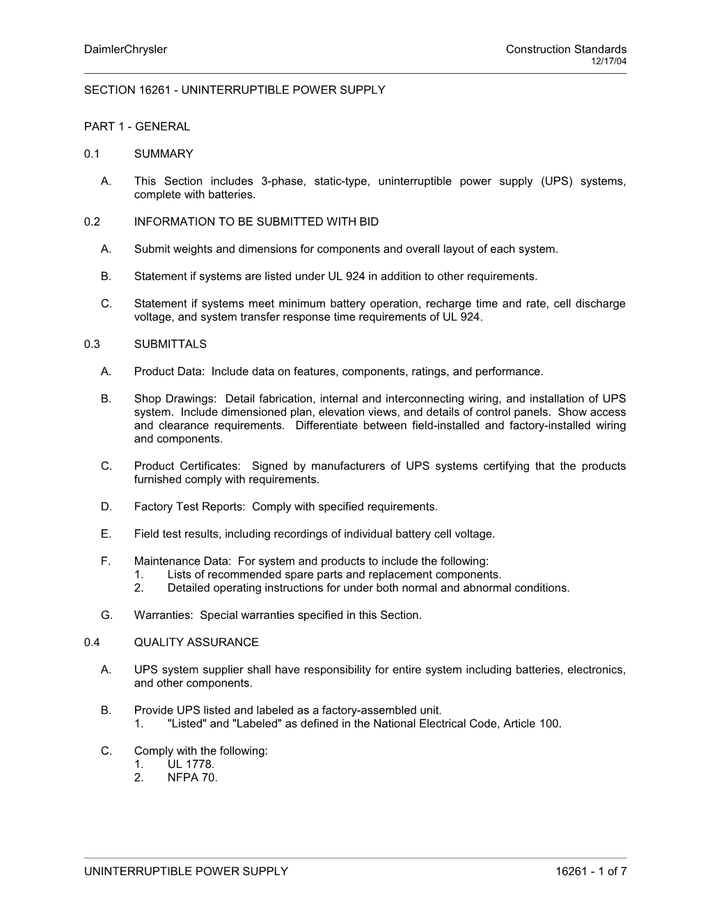 Section 16261 - Uninterruptible Power Supply