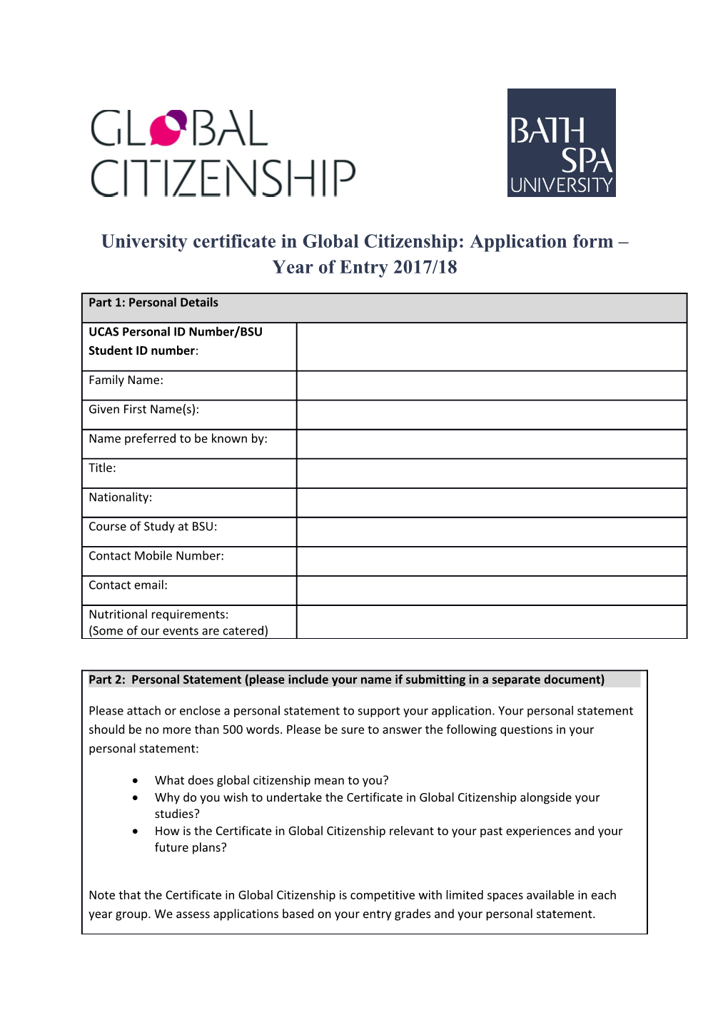 University Certificate in Global Citizenship: Application Form Year of Entry 2017/18