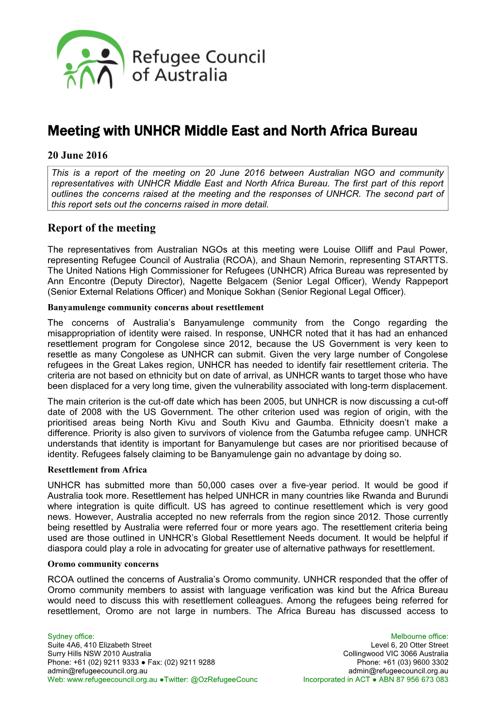 Report of Meeting with UNHCR Africa Bureau