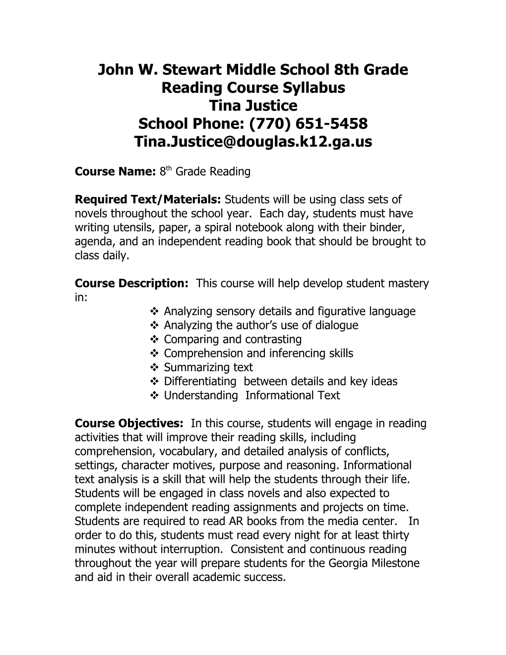 John W. Stewart Middle School 8Th Grade Reading Course Syllabus