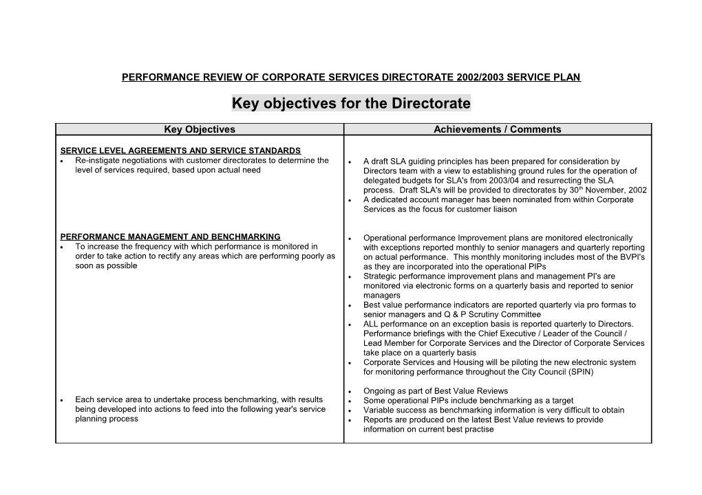 Performance Review of Corporate Services Directorate 2001/2002 Service Plan