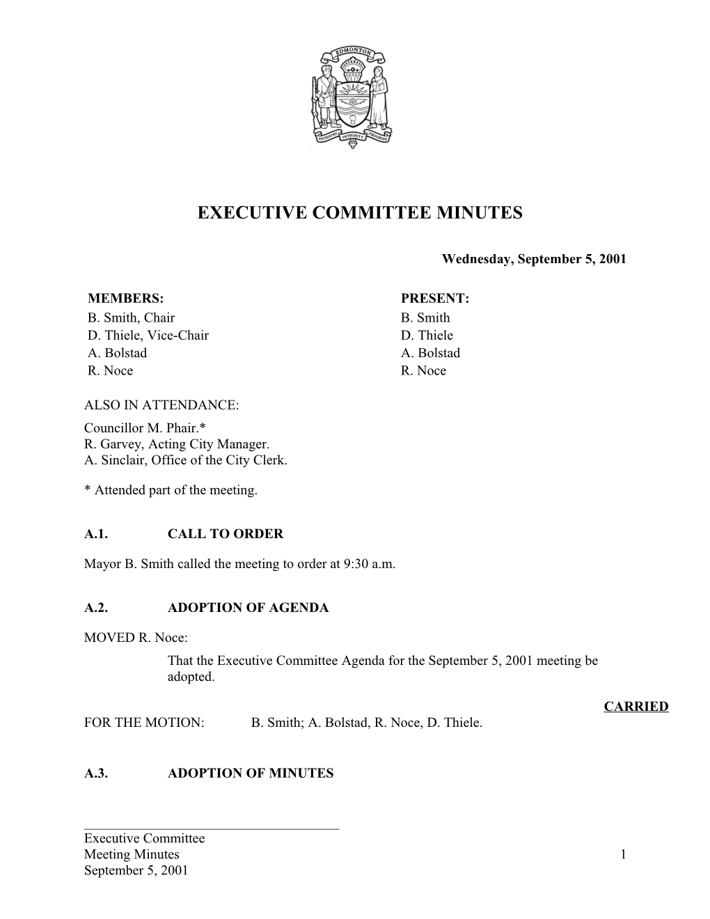 Minutes for Executive Committee September 5, 2001 Meeting