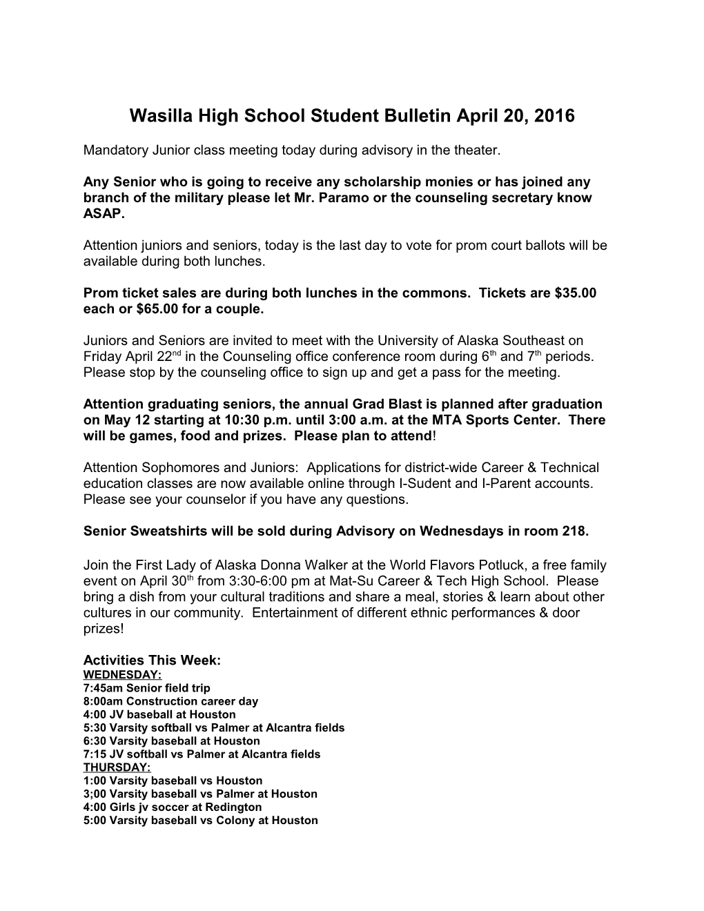 Wasilla High School Student Bulletin April 20, 2016