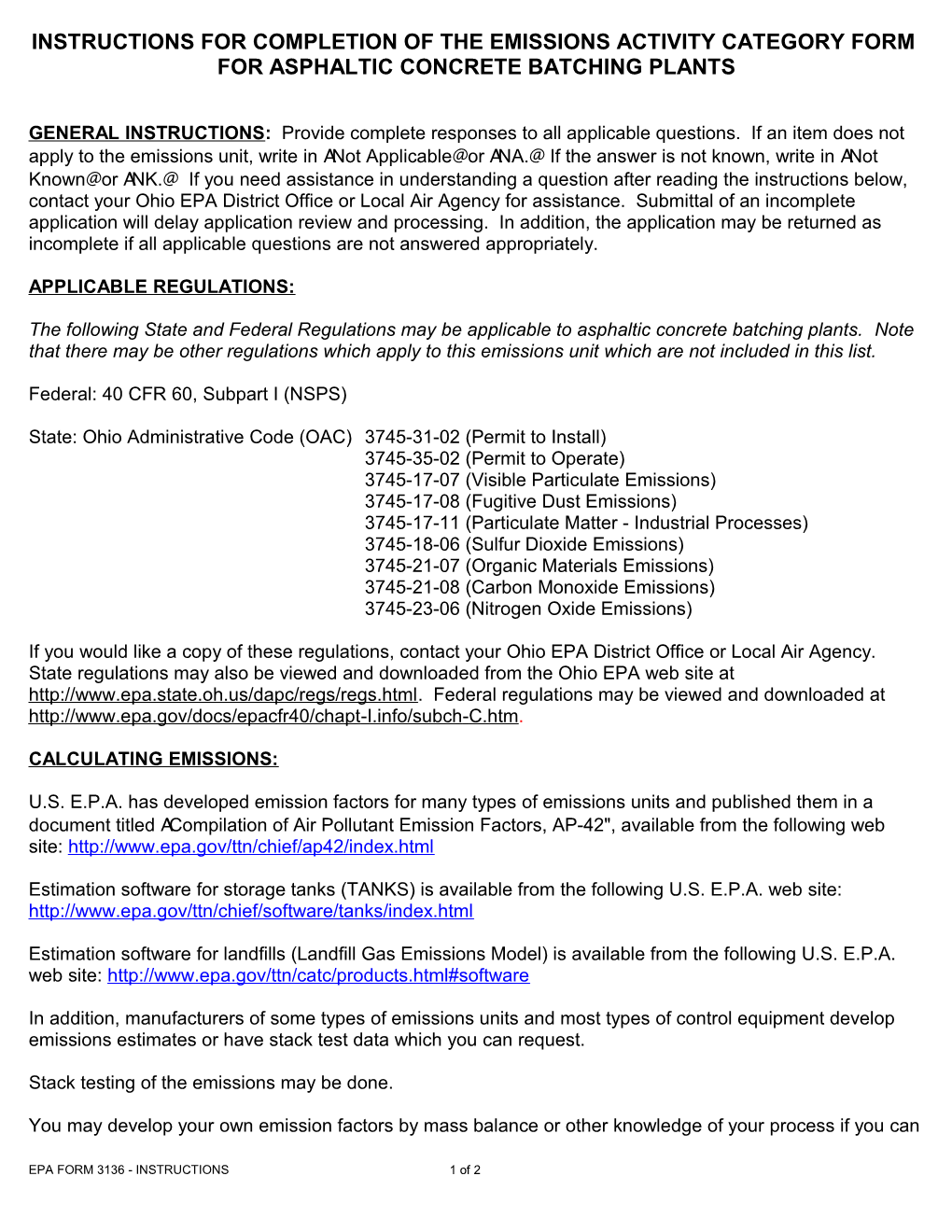 Instructions for Completion of the Emissions Activity Category Form