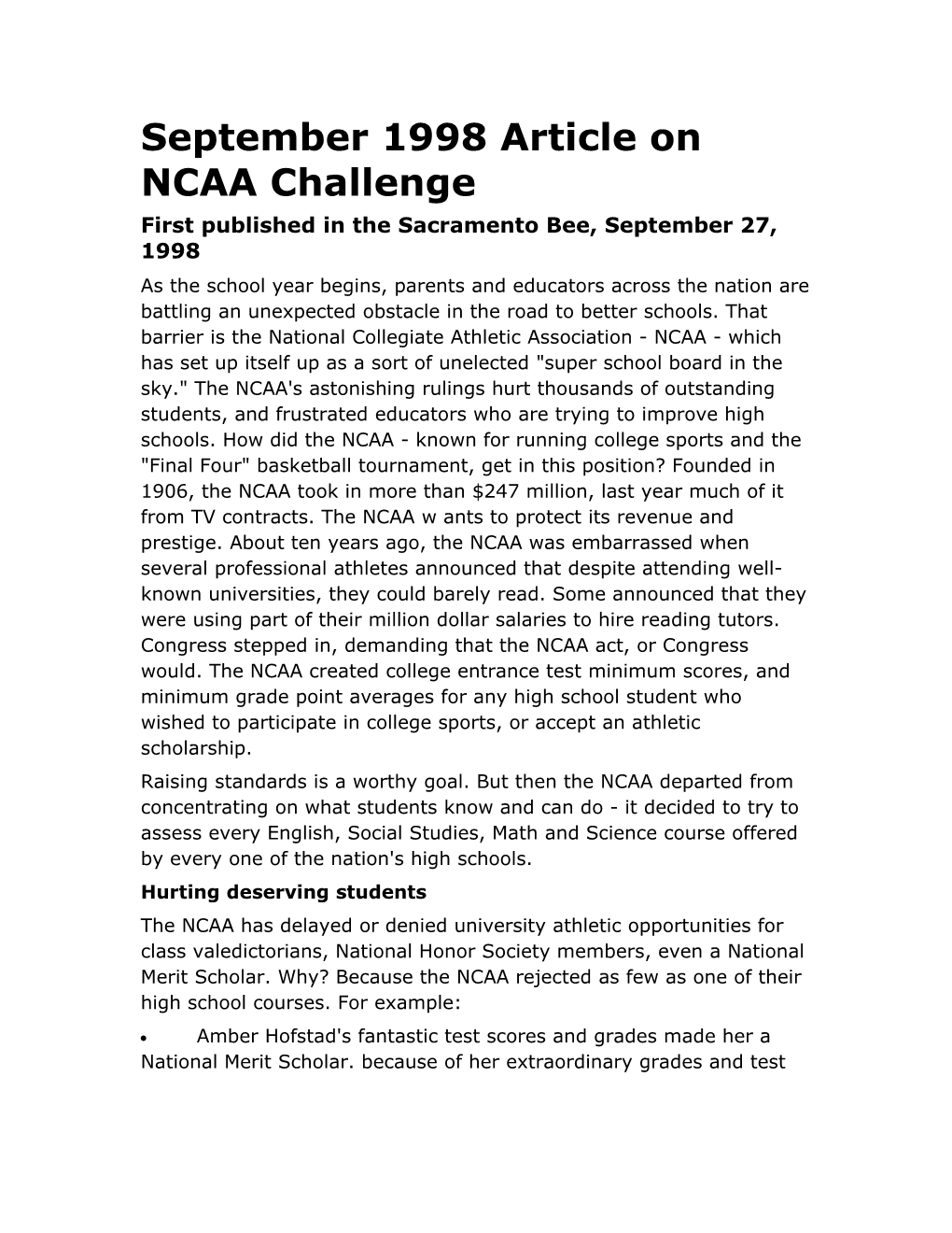 September 1998 Article on NCAA Challenge