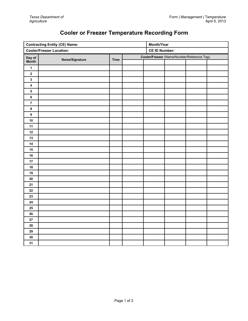 Cooler Or Freezer Temperature Recording Form