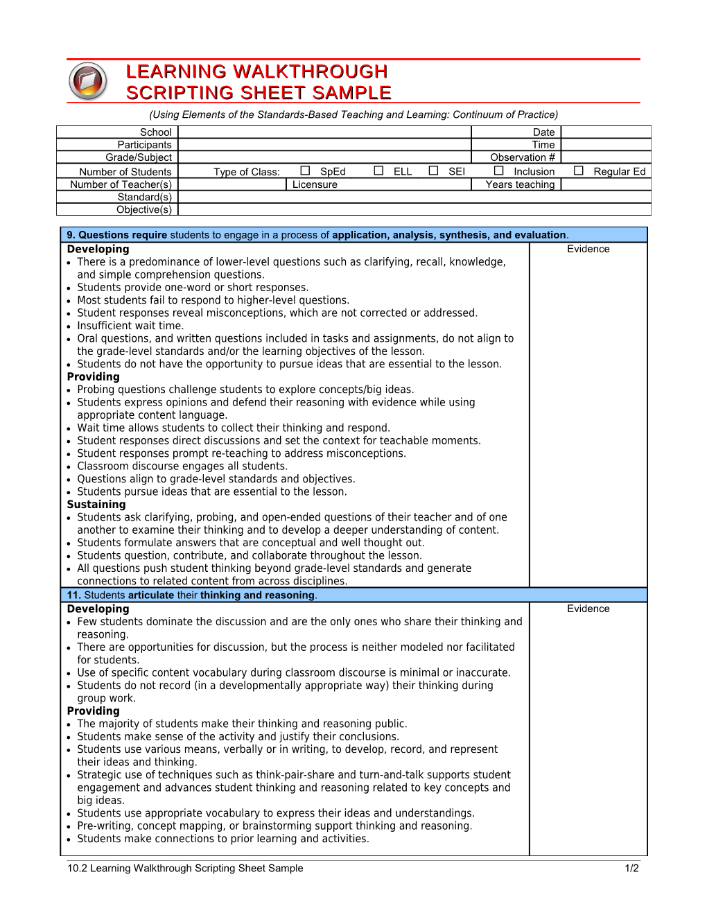 Learning Walkthrough Scripting Sheet Sample