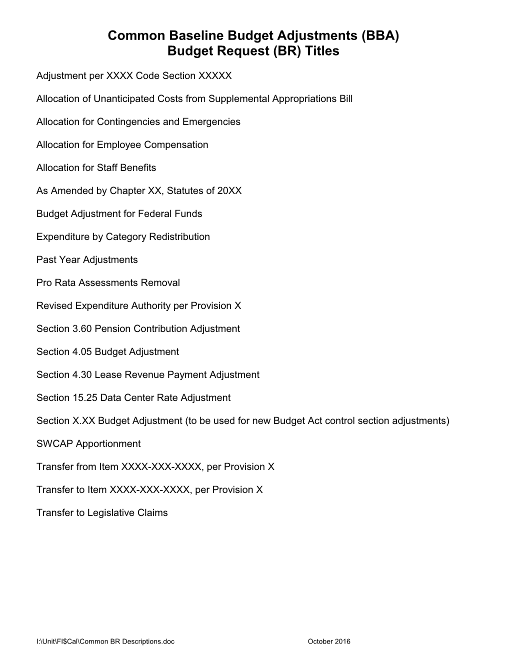 Common Baseline Budget Adjustments (BBA)