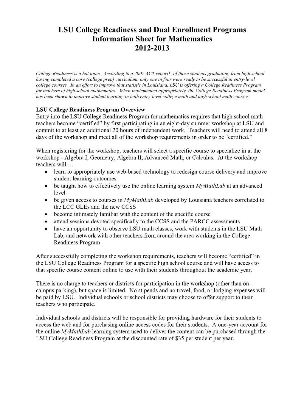 LSU College Readiness and Dual Enrollment Programs